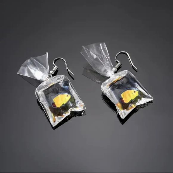 Yellow Aquarium Fish in a Bag Earrings - Picture 1 of 3